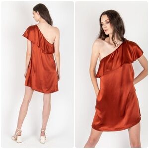 New! Secret Mission Penelope 100% Silk One-Shoulder Copper Mini Dress 🌹 XS NWT!